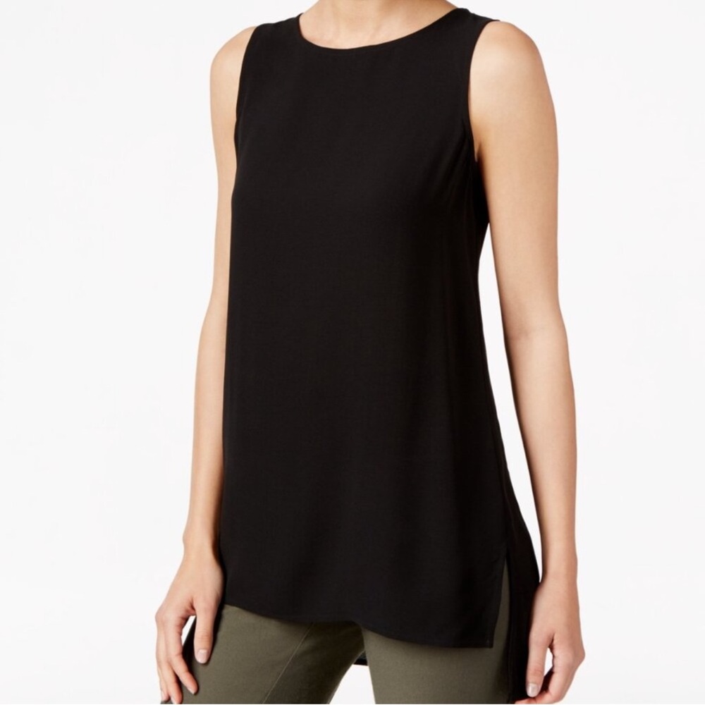 EILEEN FISHER 100% Silk Black Tunic Top Sleeveless Blouse size S/P Relaxed Fit‎